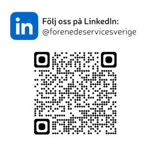 Följ oss på LinkedIn – bild med logotyp, QR-kod och @forenedeservicesverige